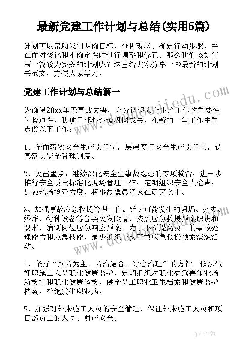 最新党建工作计划与总结(实用5篇)