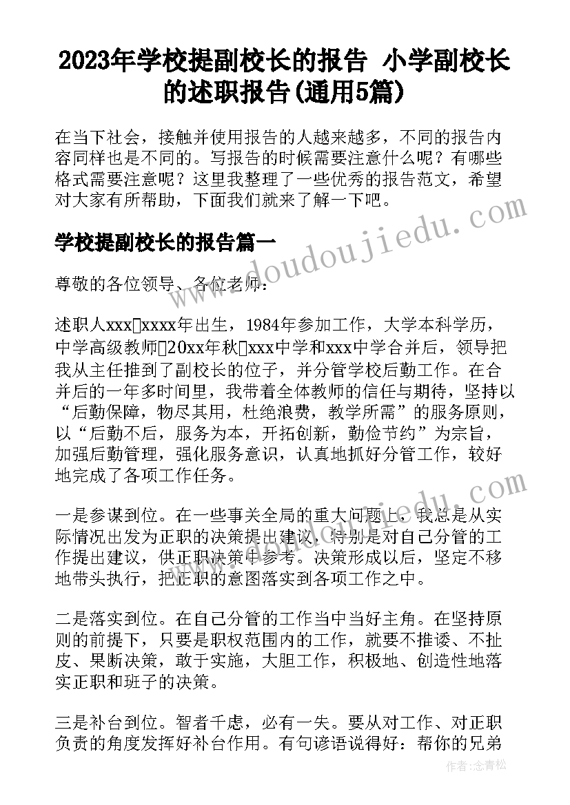 2023年学校提副校长的报告 小学副校长的述职报告(通用5篇)