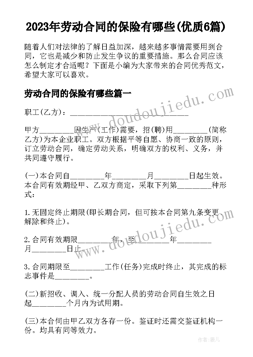 2023年劳动合同的保险有哪些(优质6篇)