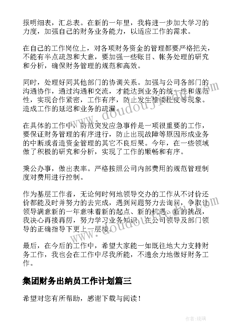 2023年集团财务出纳员工作计划 集团财务工作计划(汇总5篇)