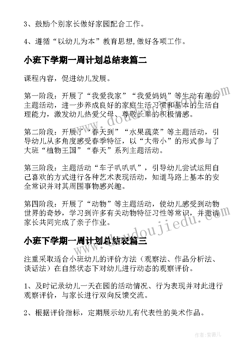 小班下学期一周计划总结表(通用5篇)