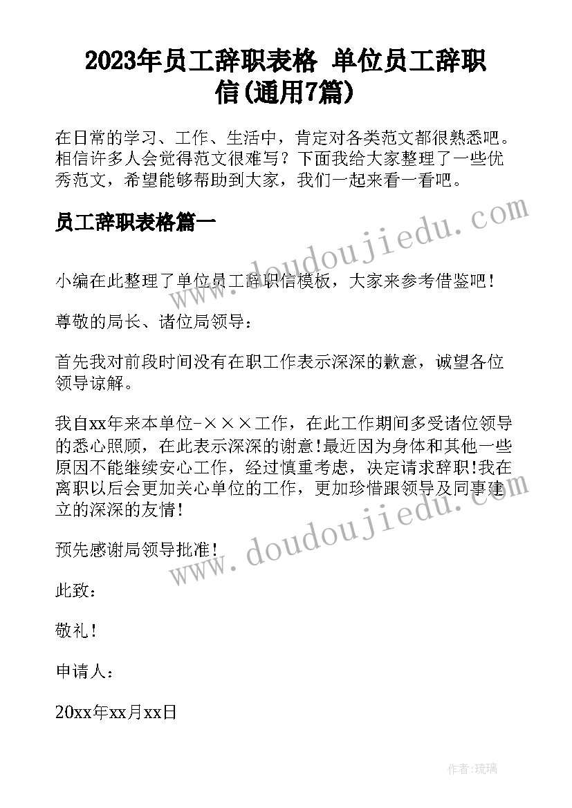 2023年员工辞职表格 单位员工辞职信(通用7篇)