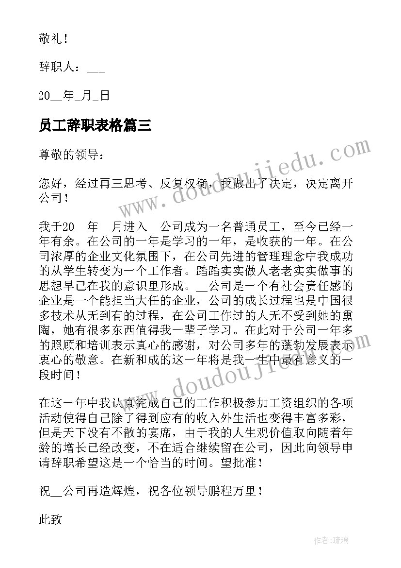 2023年员工辞职表格 单位员工辞职信(通用7篇)