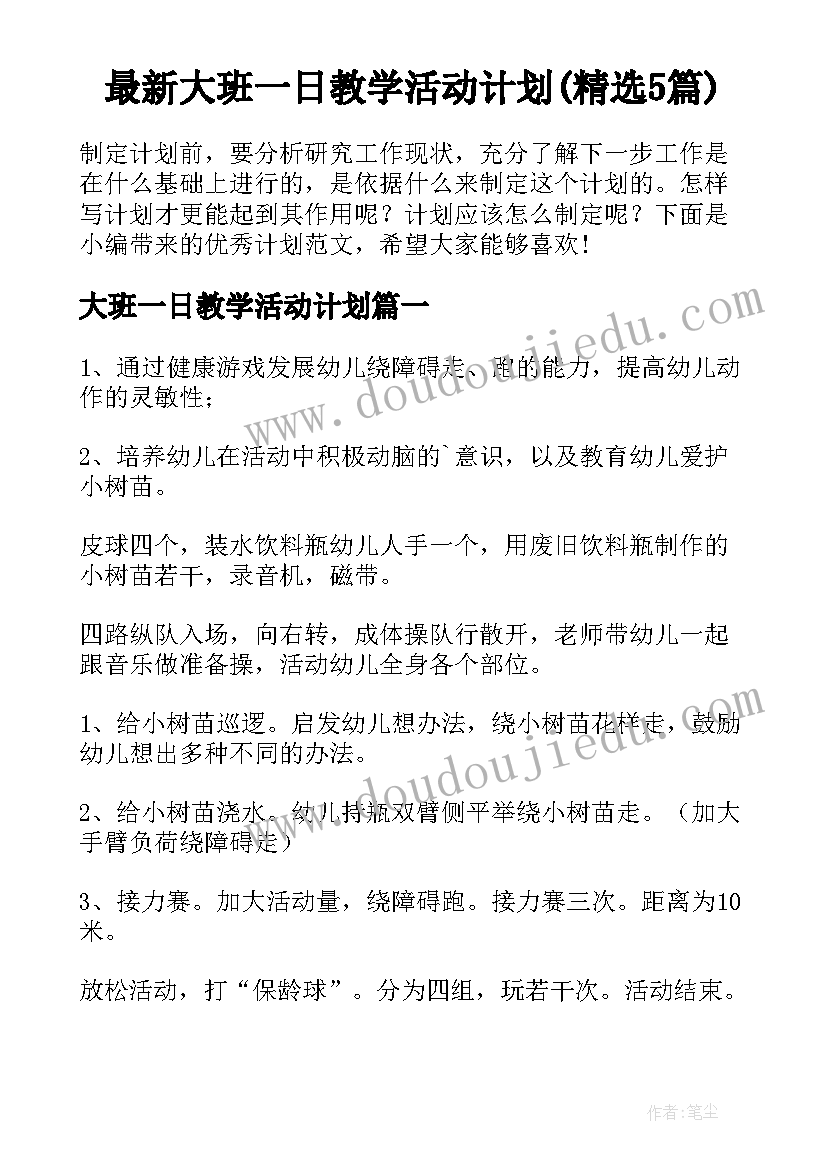 最新大班一日教学活动计划(精选5篇)