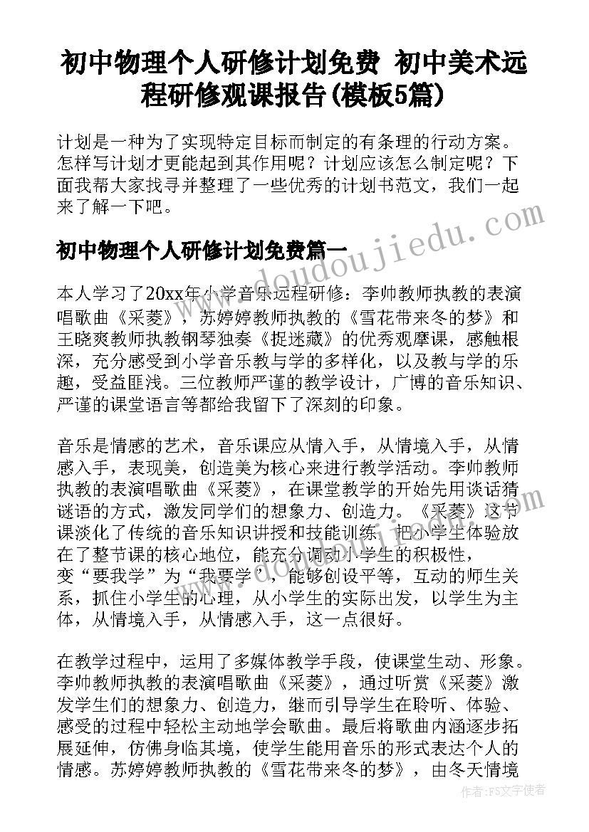 初中物理个人研修计划免费 初中美术远程研修观课报告(模板5篇)