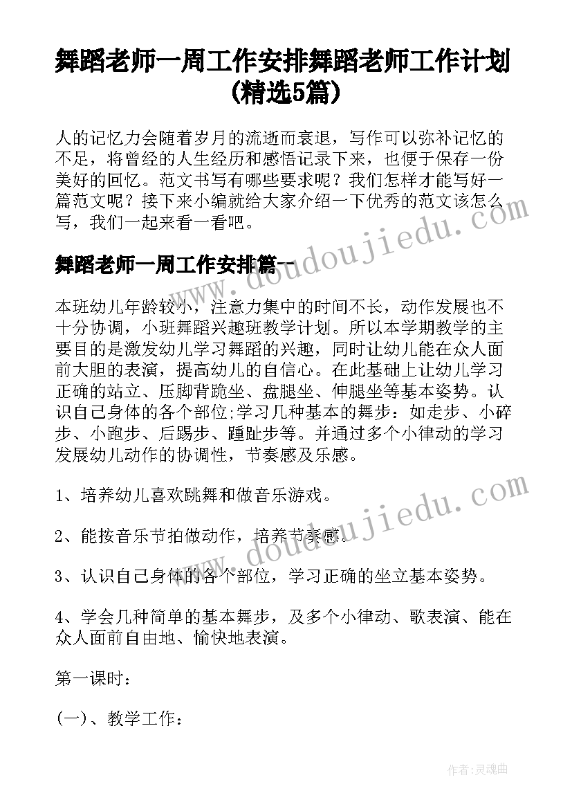 舞蹈老师一周工作安排 舞蹈老师工作计划(精选5篇)