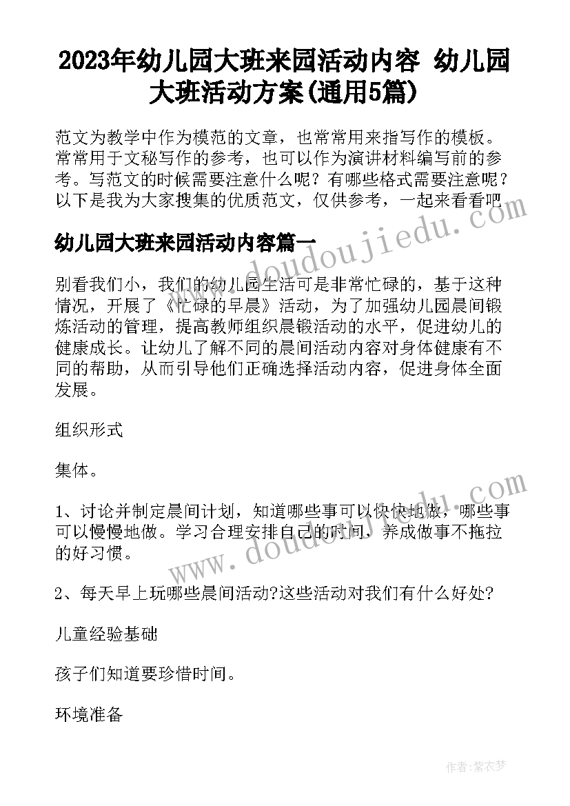 2023年幼儿园大班来园活动内容 幼儿园大班活动方案(通用5篇)