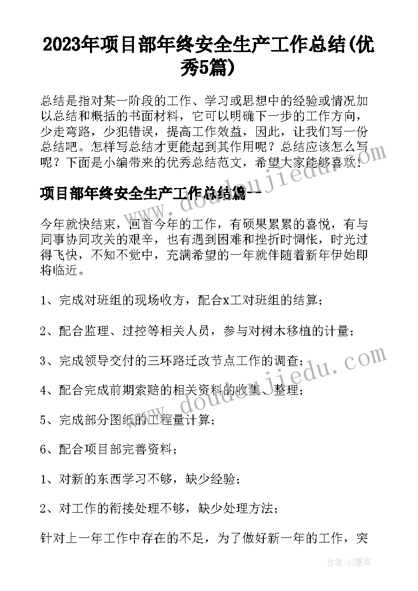 2023年项目部年终安全生产工作总结(优秀5篇)