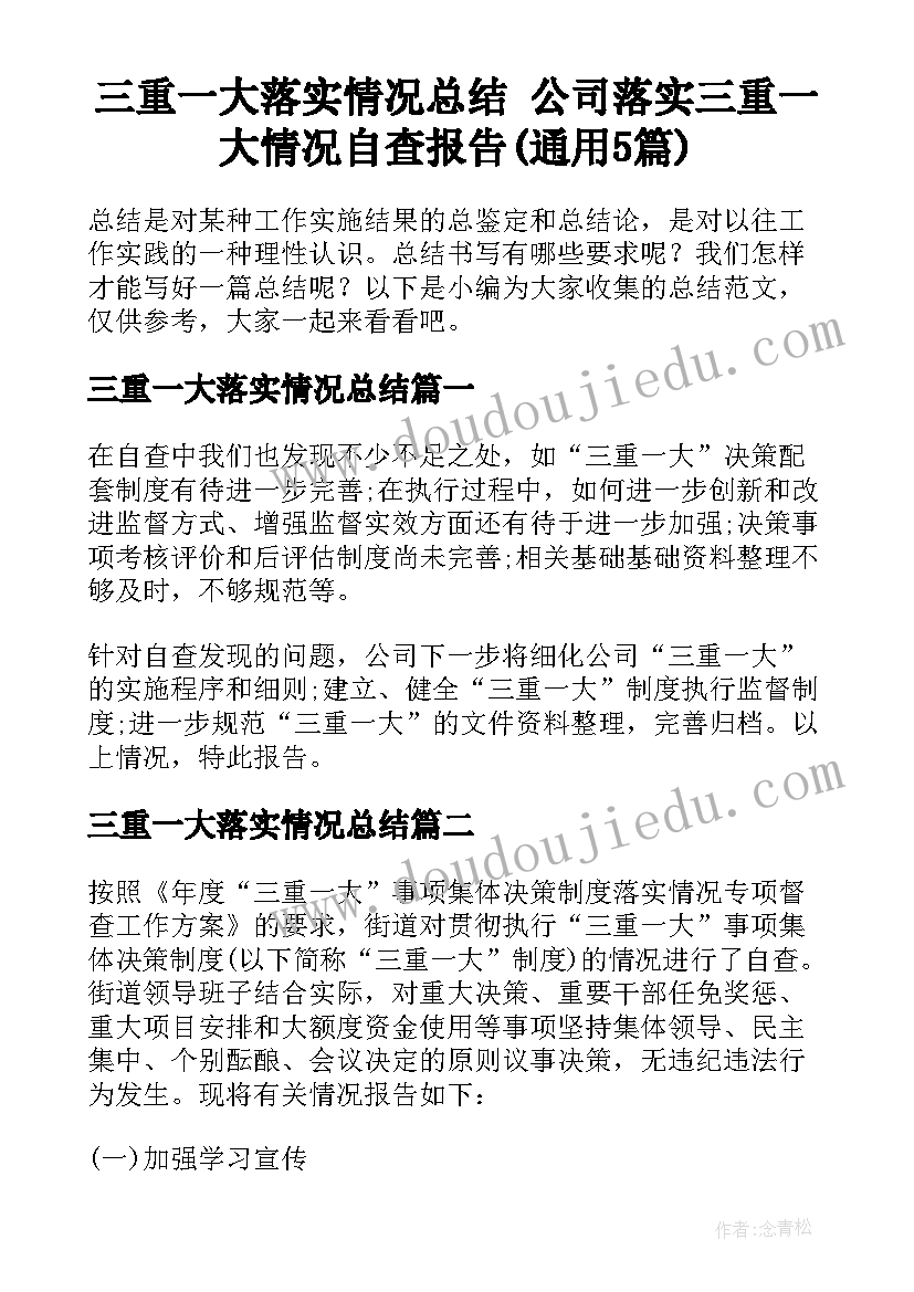 三重一大落实情况总结 公司落实三重一大情况自查报告(通用5篇)