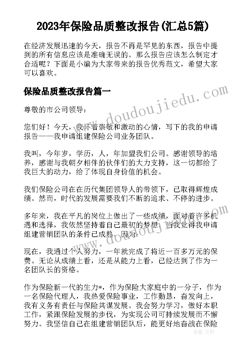 2023年保险品质整改报告(汇总5篇)