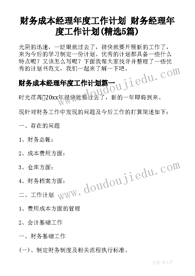 财务成本经理年度工作计划 财务经理年度工作计划(精选5篇)