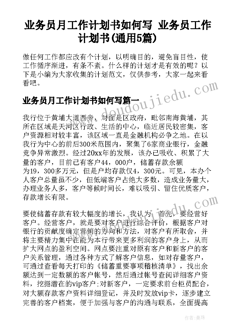 业务员月工作计划书如何写 业务员工作计划书(通用5篇)