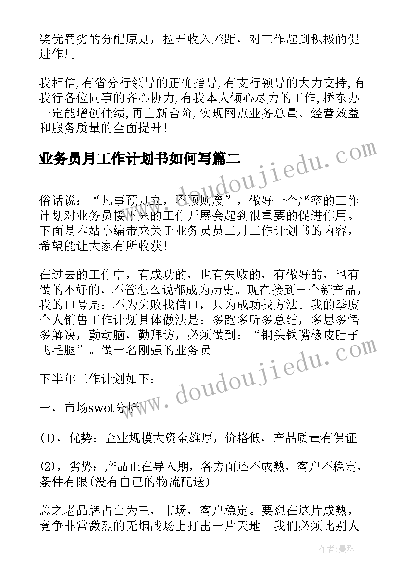 业务员月工作计划书如何写 业务员工作计划书(通用5篇)