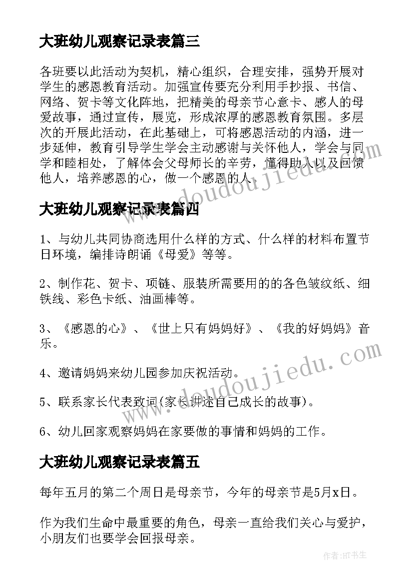 2023年大班幼儿观察记录表 幼儿园大班母亲节活动设计方案(汇总7篇)