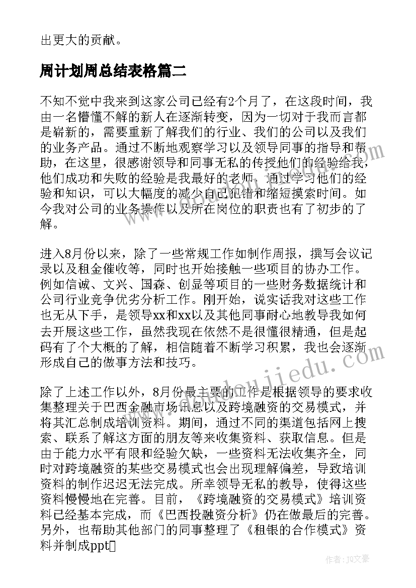 周计划周总结表格(优秀5篇)