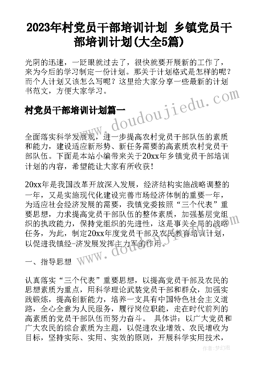 2023年村党员干部培训计划 乡镇党员干部培训计划(大全5篇)