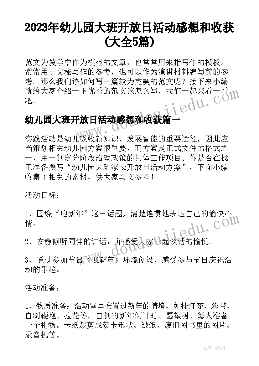 2023年幼儿园大班开放日活动感想和收获(大全5篇)