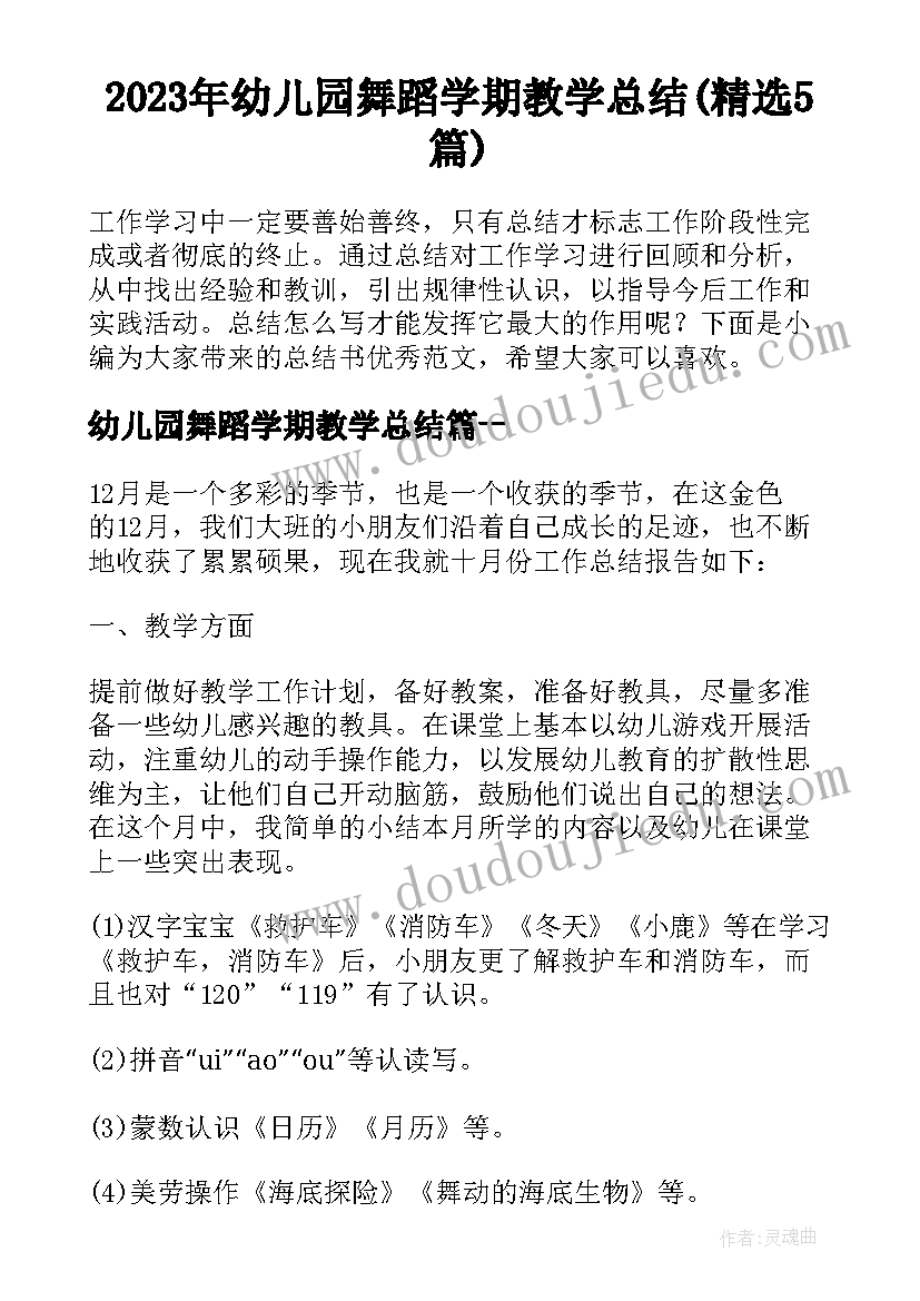 2023年幼儿园舞蹈学期教学总结(精选5篇)