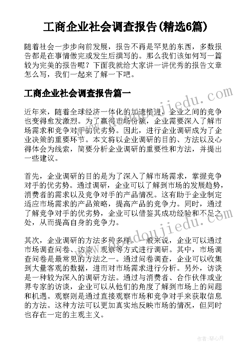 工商企业社会调查报告(精选6篇)