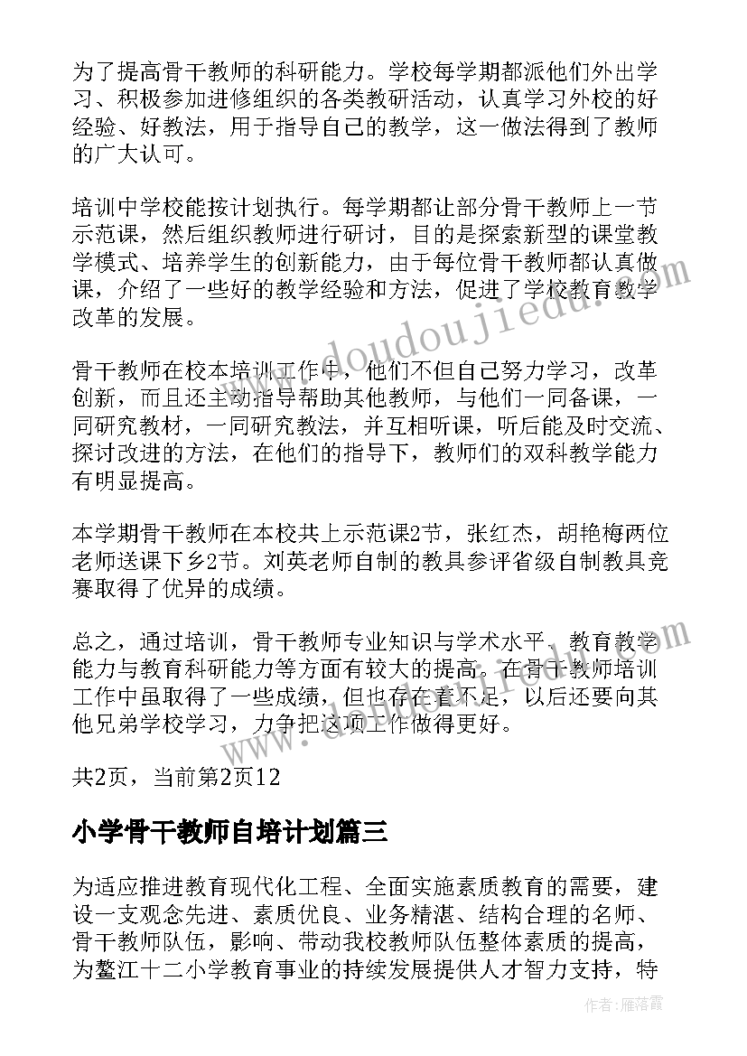 小学骨干教师自培计划 小学骨干教师培训计划(优秀10篇)