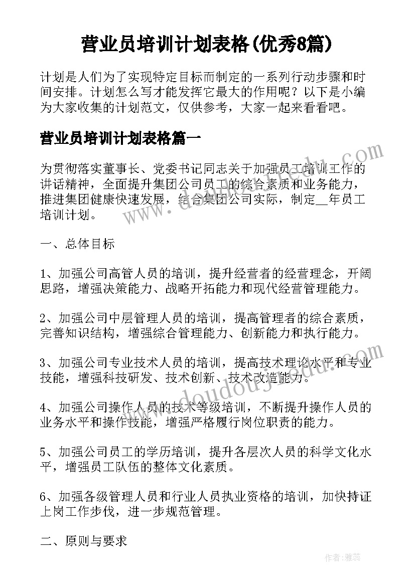 营业员培训计划表格(优秀8篇)