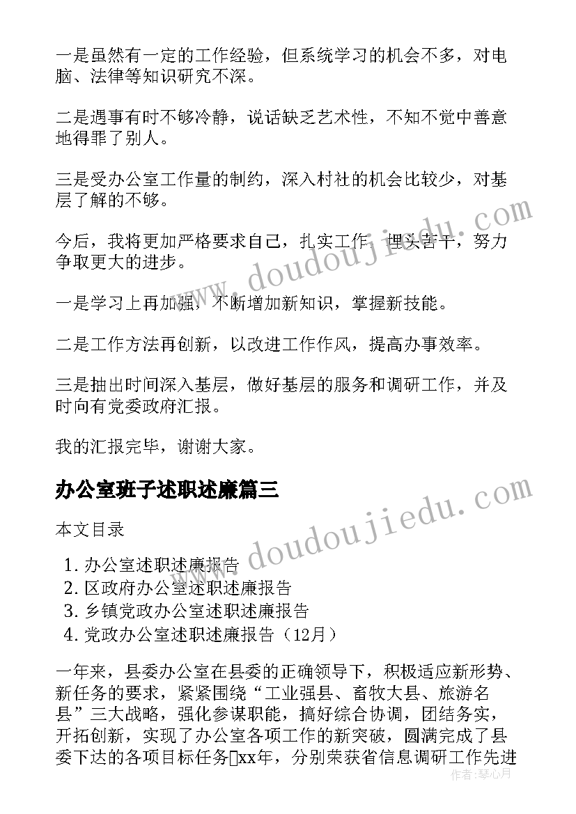 2023年办公室班子述职述廉(大全5篇)