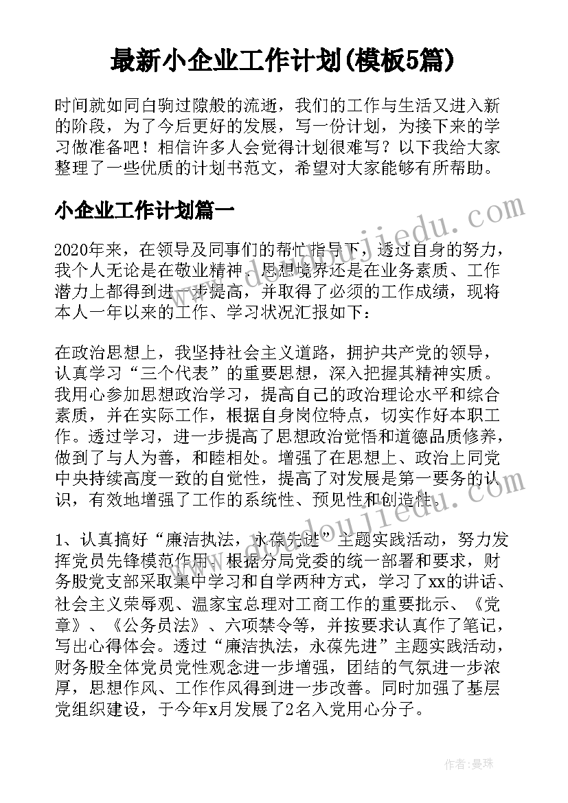 最新小企业工作计划(模板5篇)