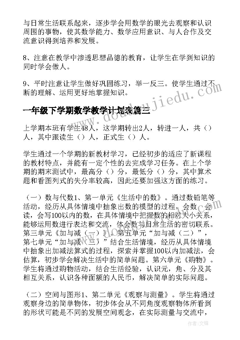 2023年一年级下学期数学教学计划表 一年级数学下学期教学计划(优质8篇)