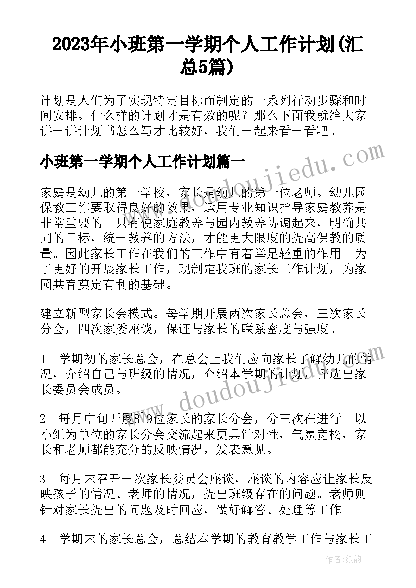 2023年小班第一学期个人工作计划(汇总5篇)