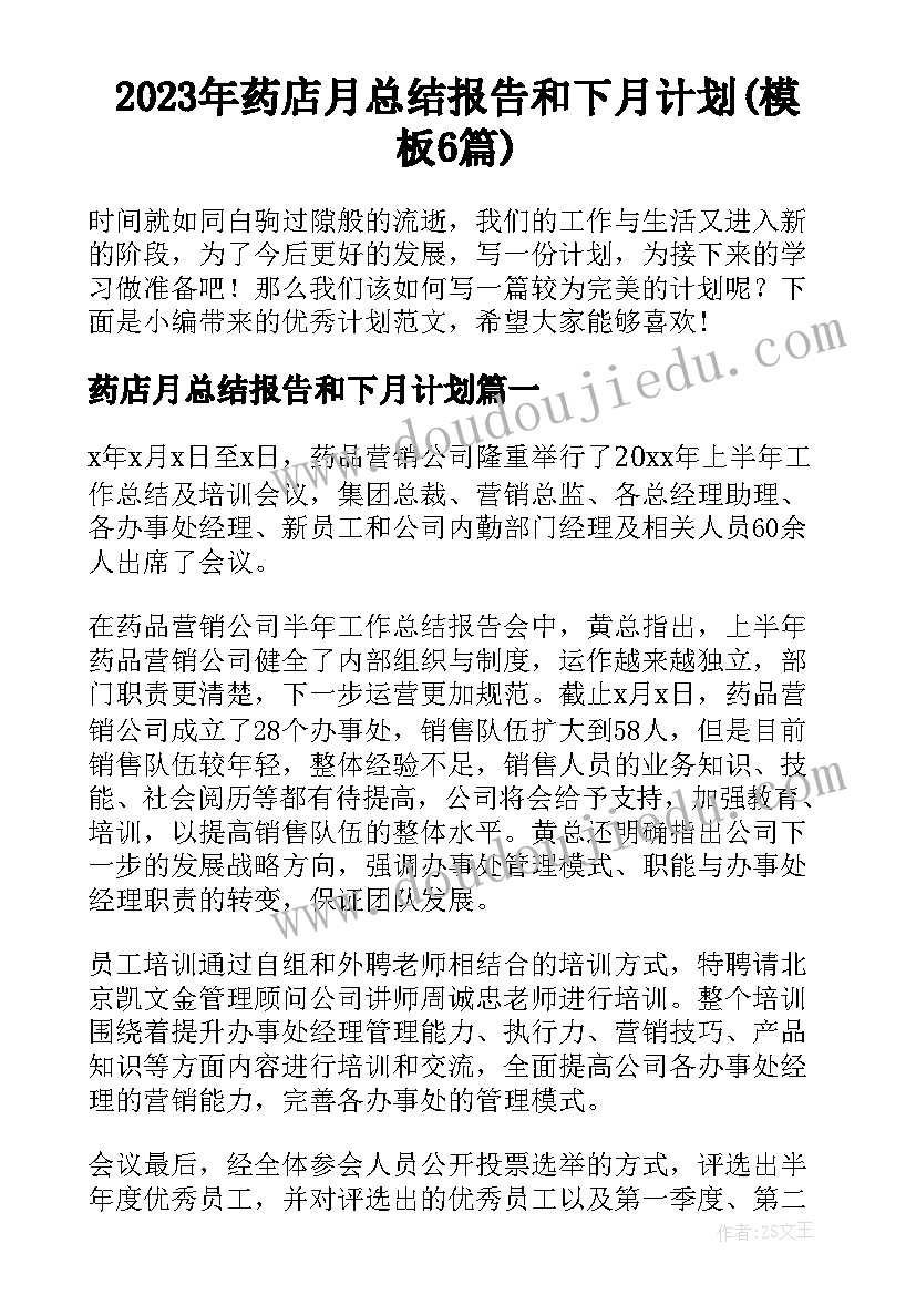 2023年药店月总结报告和下月计划(模板6篇)