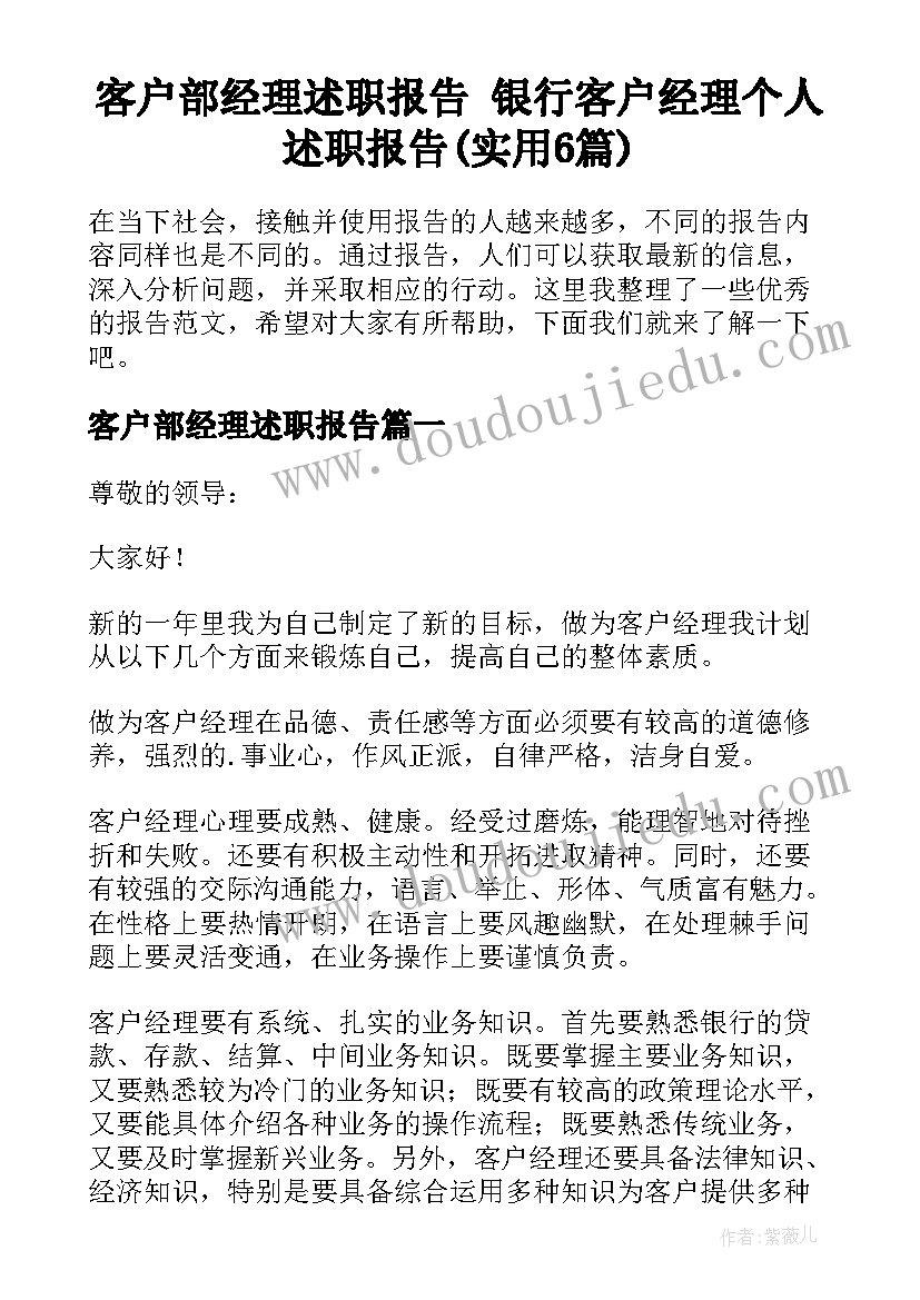 客户部经理述职报告 银行客户经理个人述职报告(实用6篇)