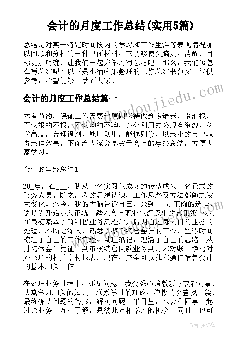 会计的月度工作总结(实用5篇)