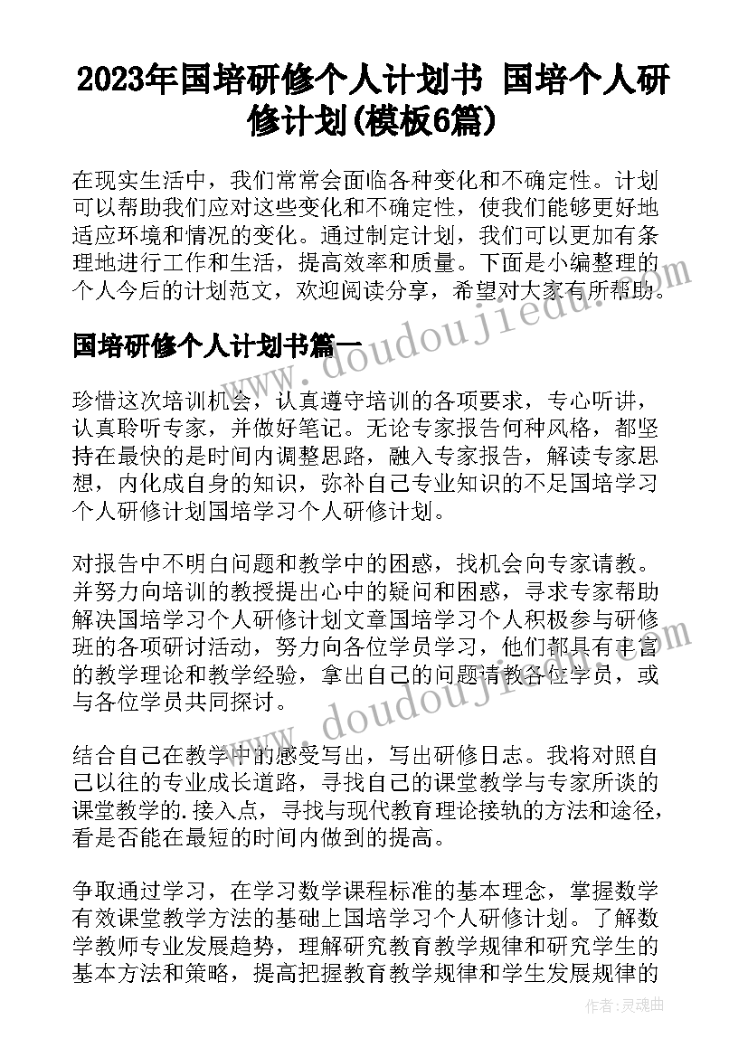 2023年国培研修个人计划书 国培个人研修计划(模板6篇)