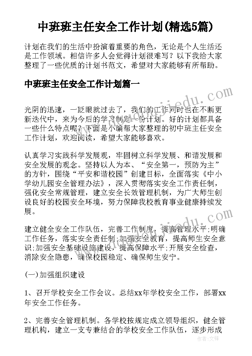 中班班主任安全工作计划(精选5篇)