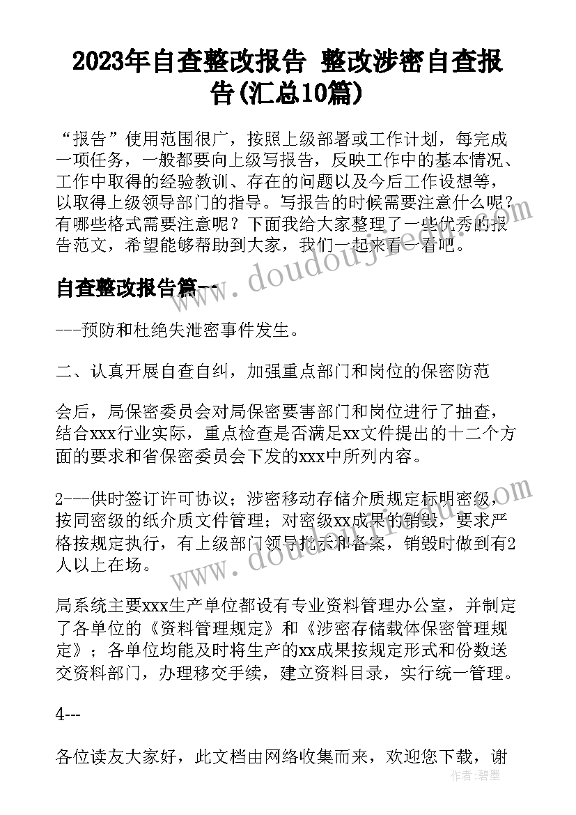 2023年自查整改报告 整改涉密自查报告(汇总10篇)