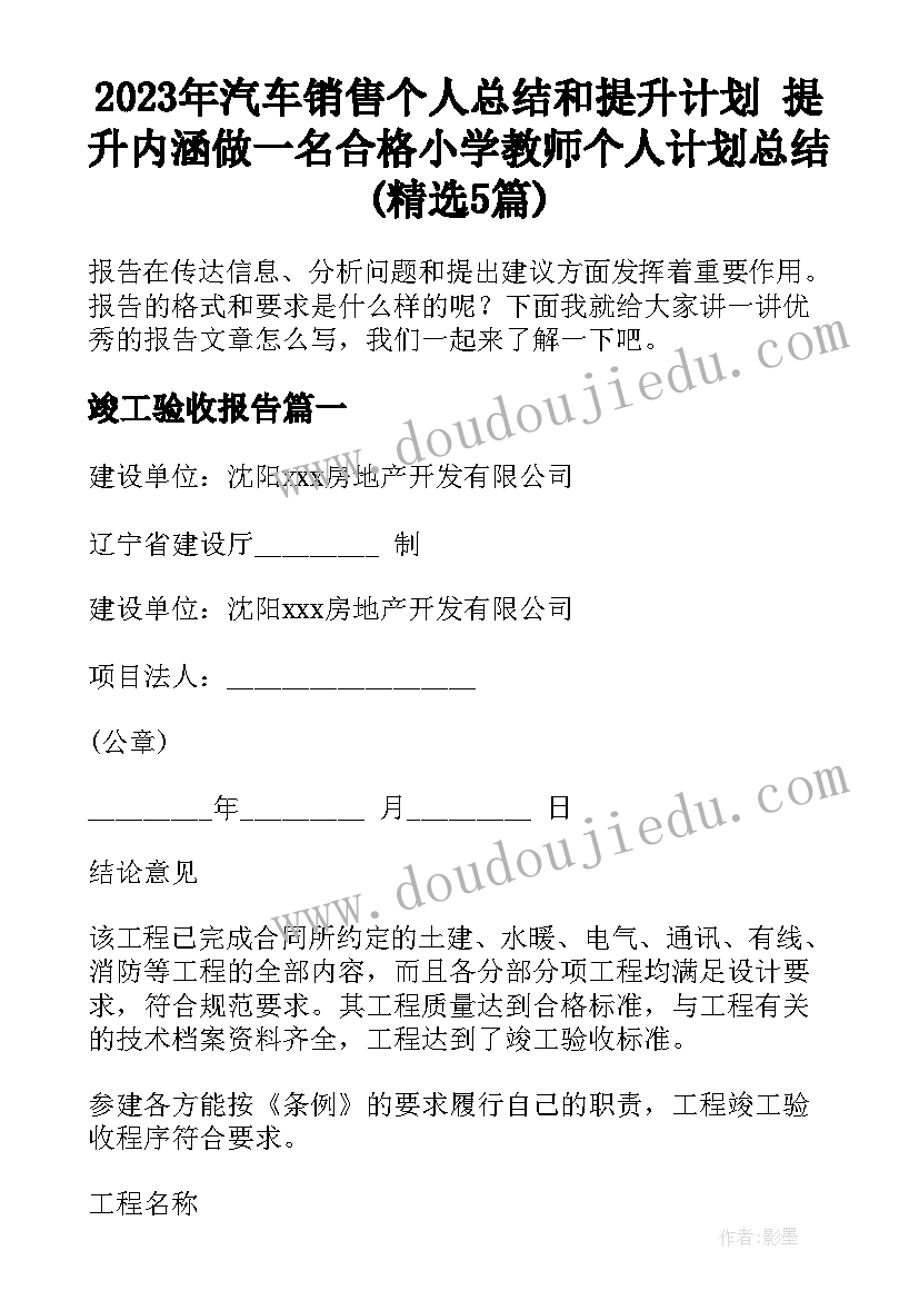 2023年汽车销售个人总结和提升计划 提升内涵做一名合格小学教师个人计划总结(精选5篇)