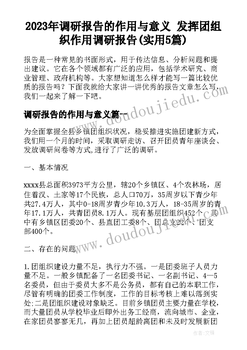 2023年调研报告的作用与意义 发挥团组织作用调研报告(实用5篇)