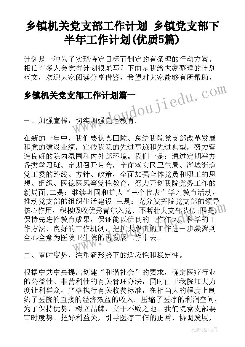 乡镇机关党支部工作计划 乡镇党支部下半年工作计划(优质5篇)