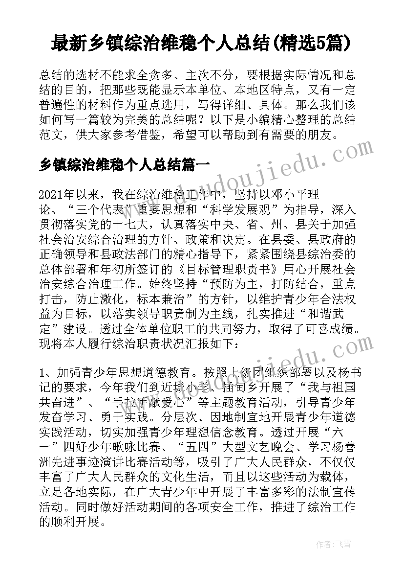 最新乡镇综治维稳个人总结(精选5篇)