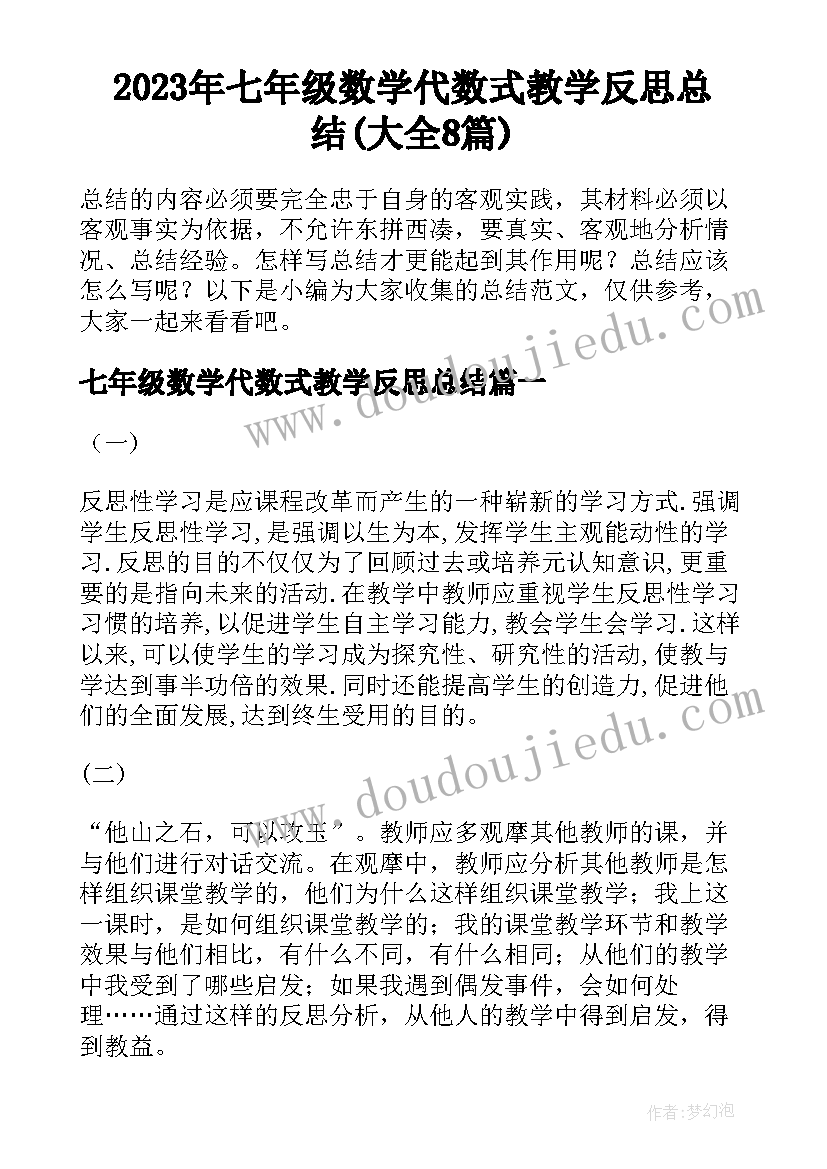 2023年七年级数学代数式教学反思总结(大全8篇)