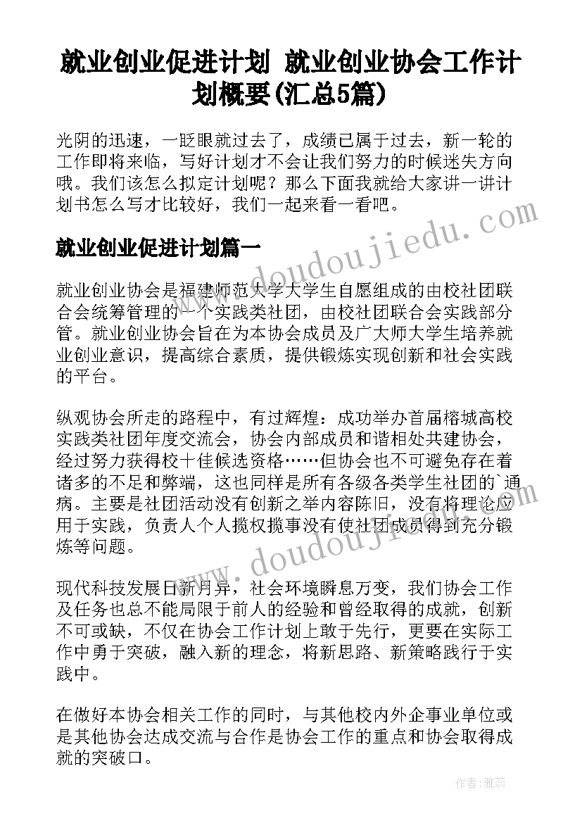 就业创业促进计划 就业创业协会工作计划概要(汇总5篇)