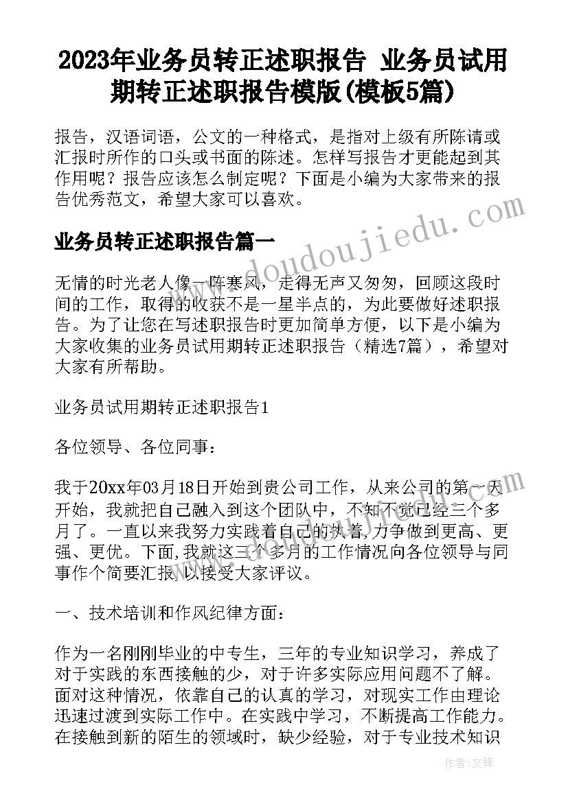 2023年业务员转正述职报告 业务员试用期转正述职报告模版(模板5篇)