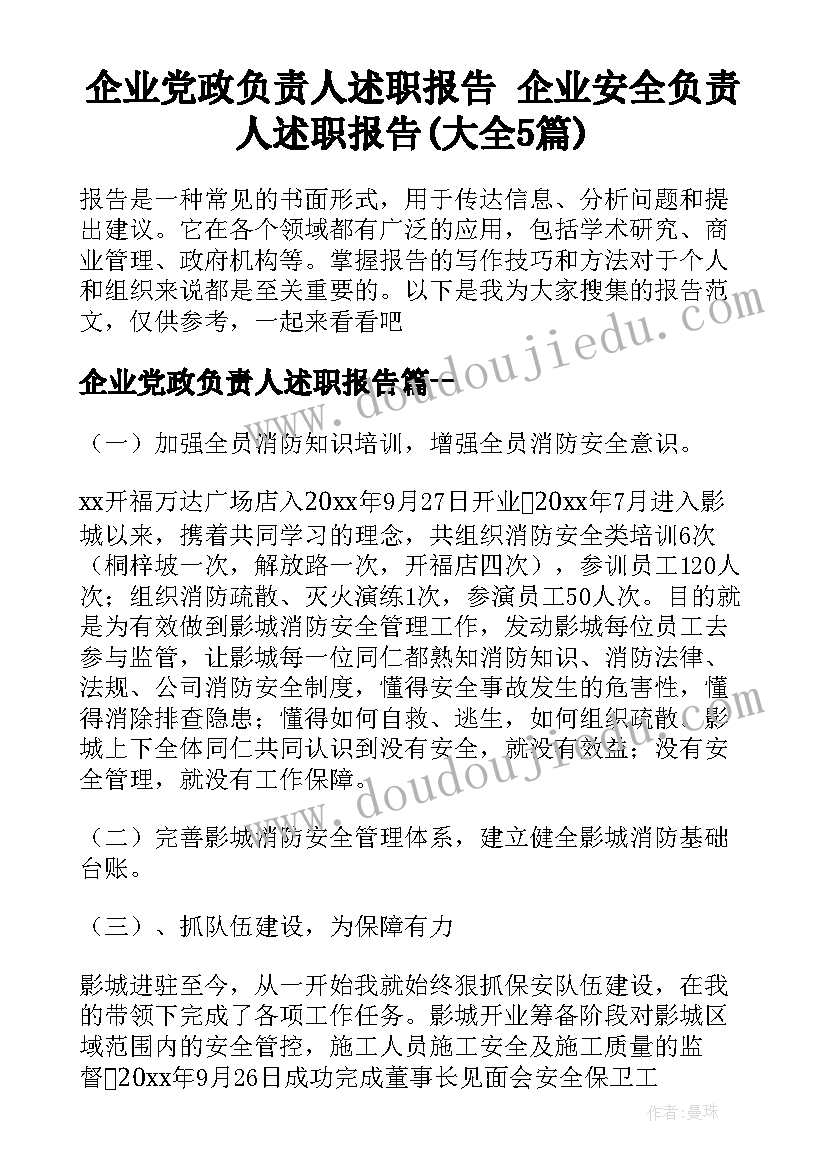 企业党政负责人述职报告 企业安全负责人述职报告(大全5篇)