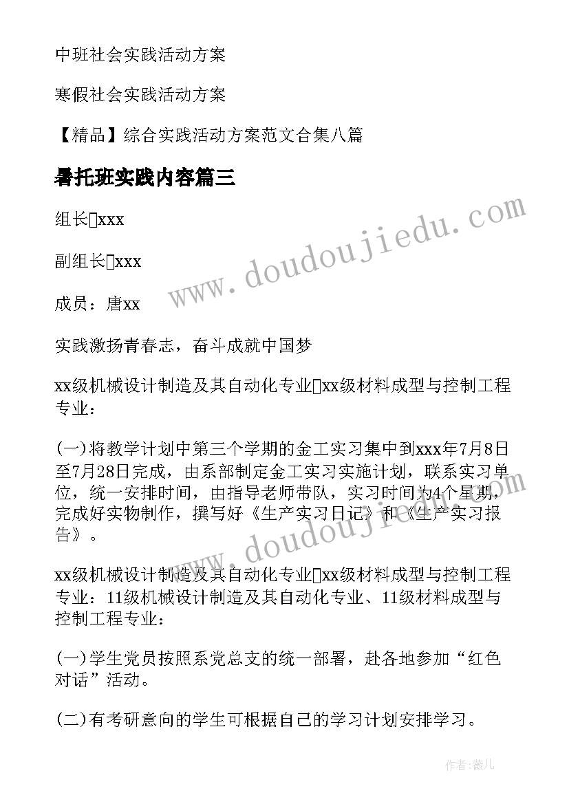 最新暑托班实践内容 社会实践活动方案(通用10篇)