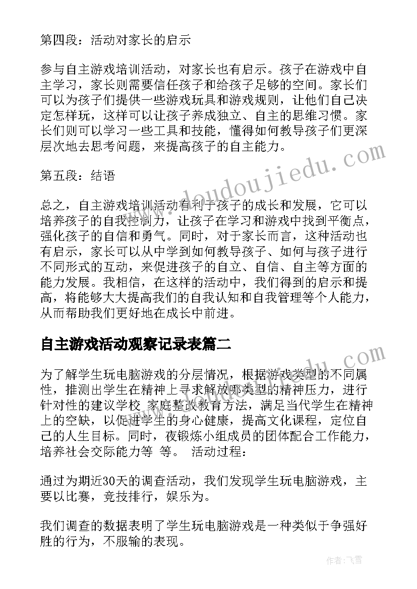 2023年自主游戏活动观察记录表 自主游戏培训活动心得体会(大全5篇)