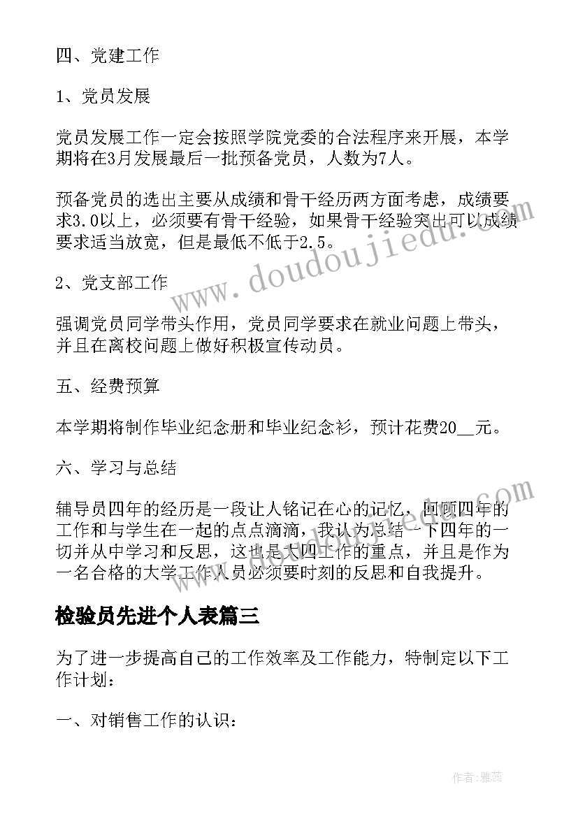 最新检验员先进个人表 个人月工作计划(通用5篇)