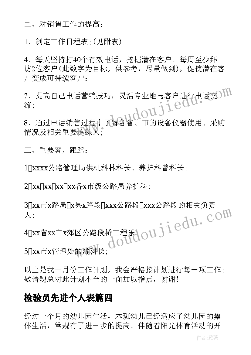 最新检验员先进个人表 个人月工作计划(通用5篇)