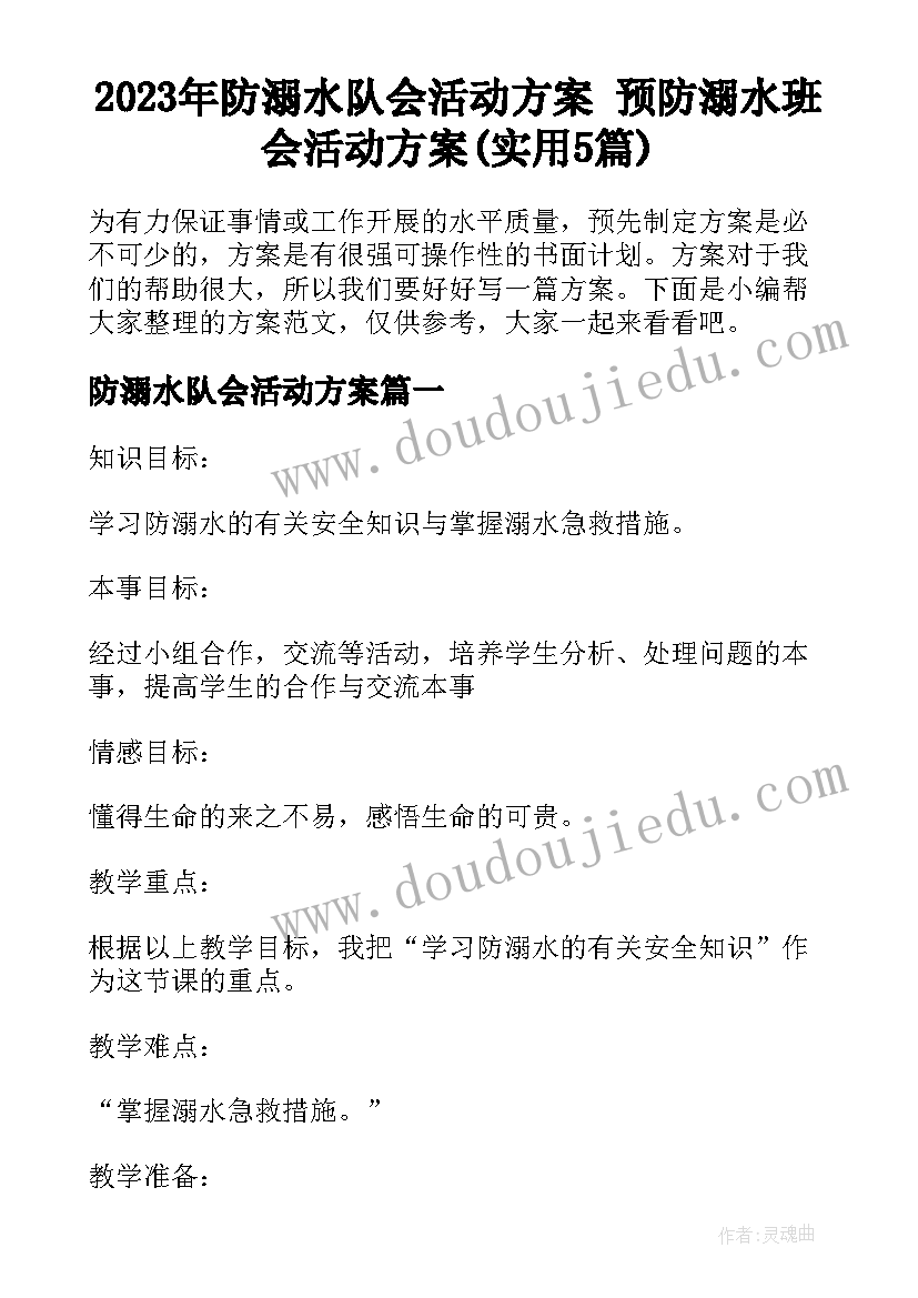 2023年防溺水队会活动方案 预防溺水班会活动方案(实用5篇)