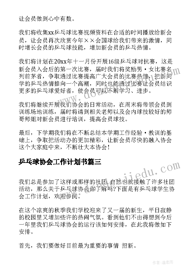 最新乒乓球协会工作计划书 乒乓球协会工作总结暨工作计划(模板5篇)