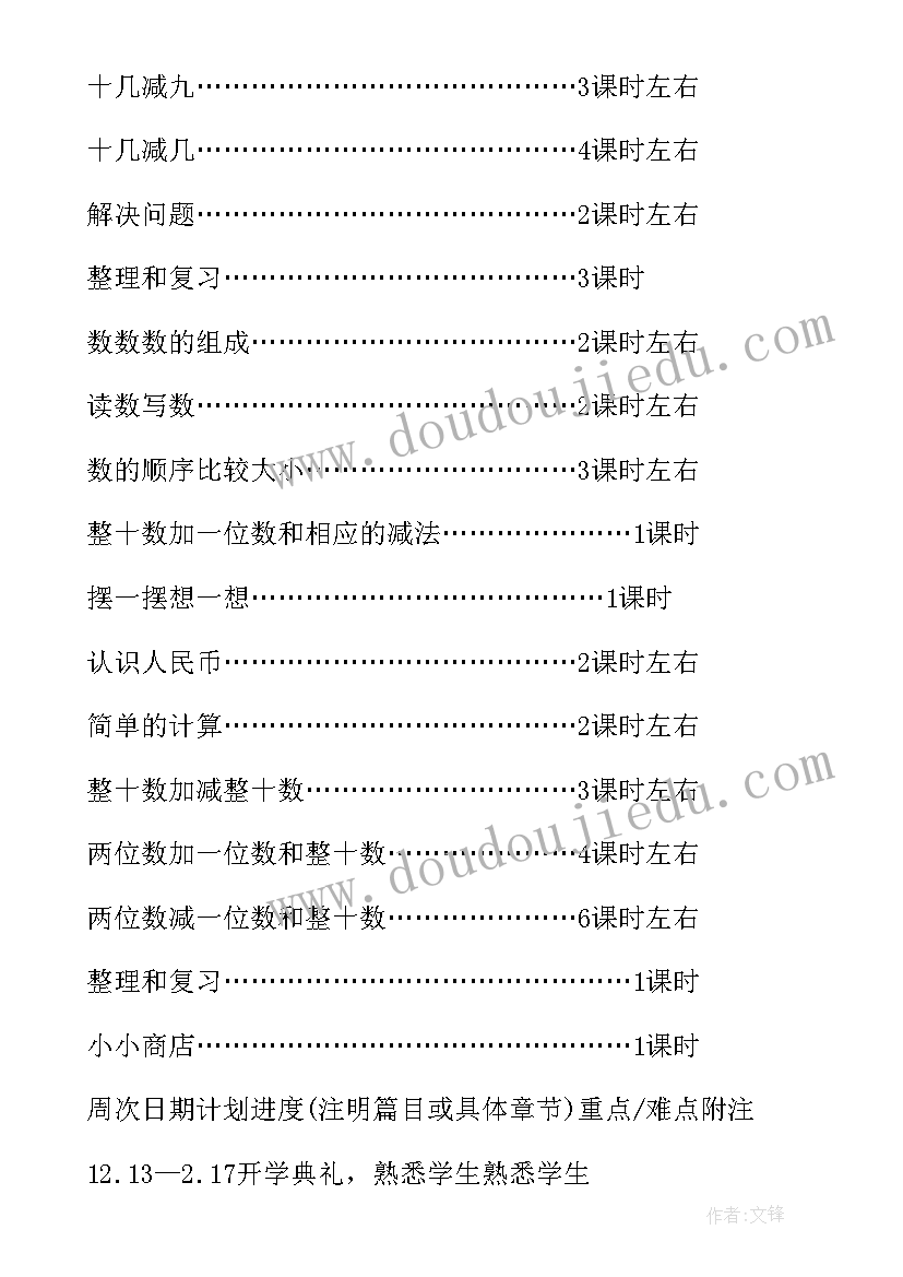 最新一年级数学单元教学计划人教版(模板5篇)